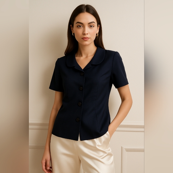 Preston & York Navy Blue Silk Blend Short Sleeve Jacket Size 10 Classic Chic - Picture 1 of 5